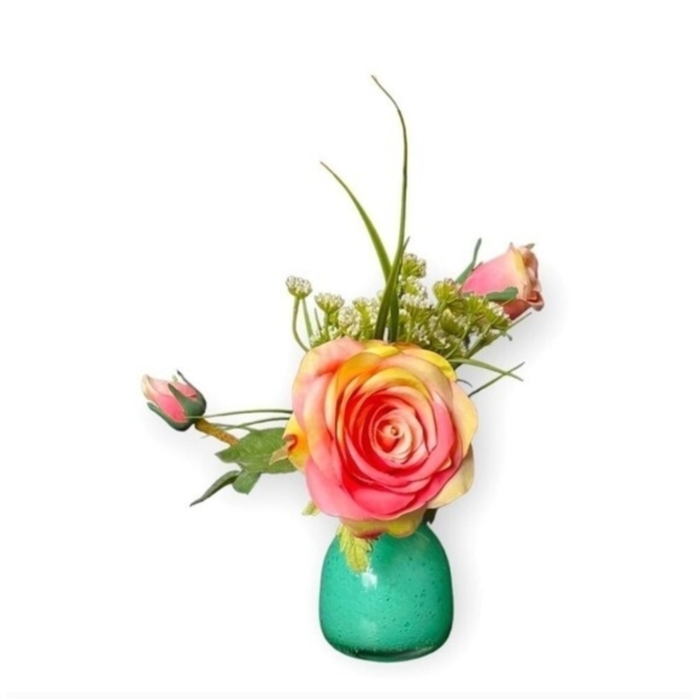 Vintage Teal Cayman Glass Bud Vase Art Deco 4.5" with Floral Arrangement 10" VG - Picture 3 of 7
